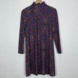Jude Connally Colorful Paisley Print Mock Neck Long Sleeve Dress Size Small
